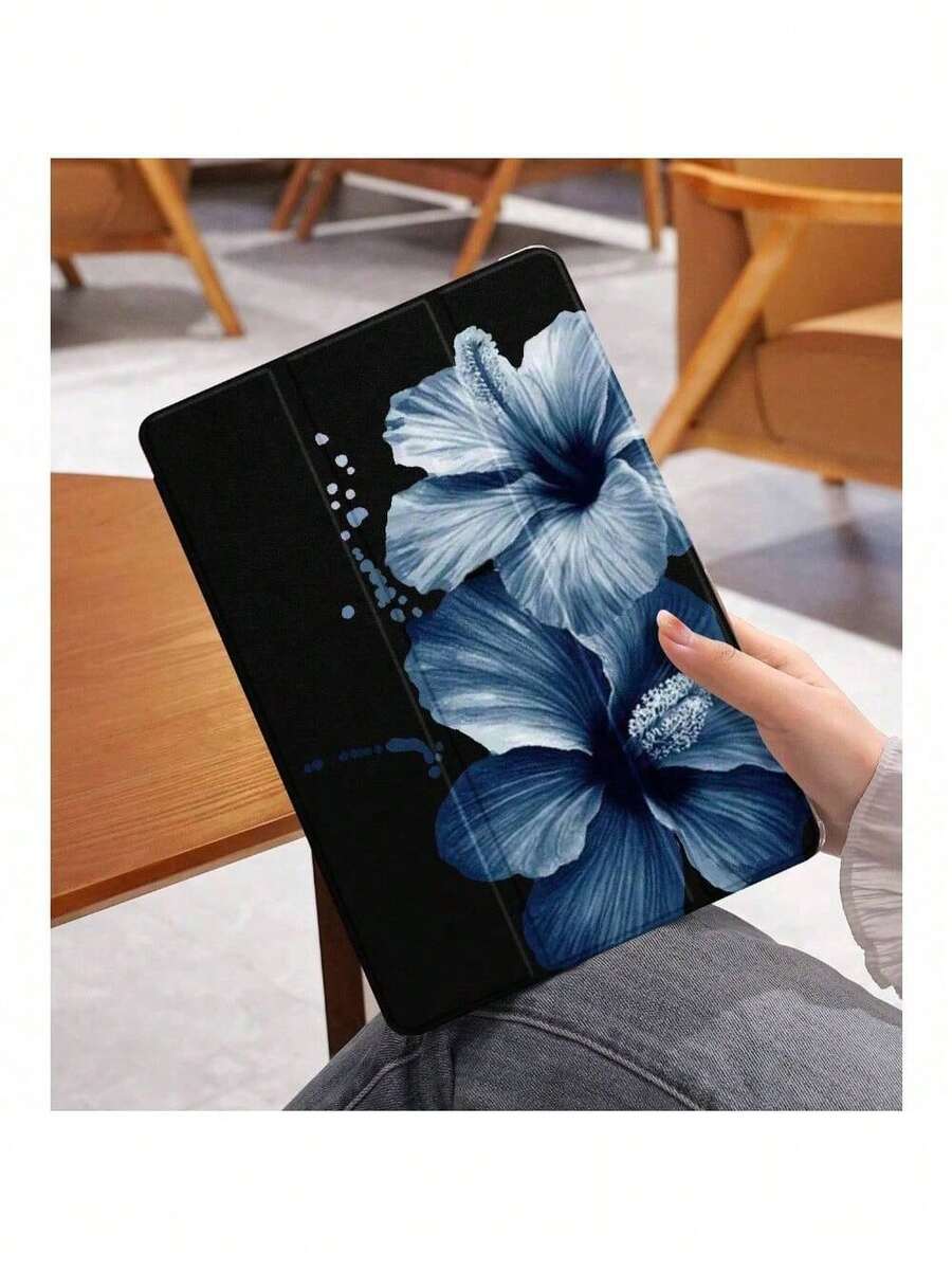 Blue Flower Pattern Tablet Protective Case, Compatible With Apple IPad 10.2 Inch, IPad Pro 2021/2020, IPad 9th/10th Gen, IPad 11 Inch 11th Gen 2025, Galaxy Tab A8 10.5 Inch  Matepad 10. , Anti-Drop, With Pen Slot, Support Sleep/Wake - 黑色A - 查看 1