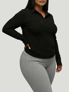 大码女式运动休闲紧身Polo领V领开衫长袖上衣，适合户外休闲、跑步、运动、瑜伽和锻炼，黑色春季款 - 黑色 - 查看 11