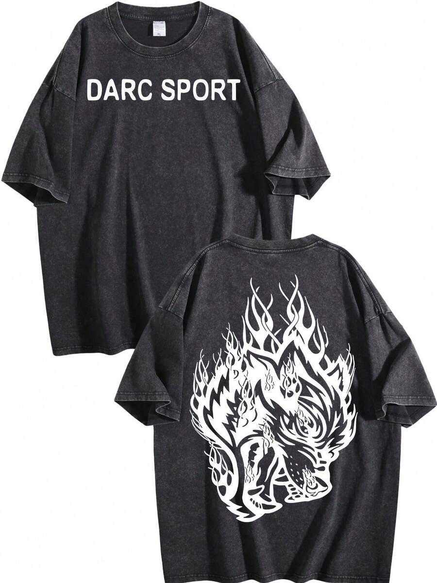 230g Vintage Washed Round Neck Short Sleeved Shirt, Tiger Head Double-Sided Print, Running T-Shirt, Street Short Sleeved Shirt, Vintage Gym Sportswear, Men's T-Shirt - 黑色02 - 查看 1