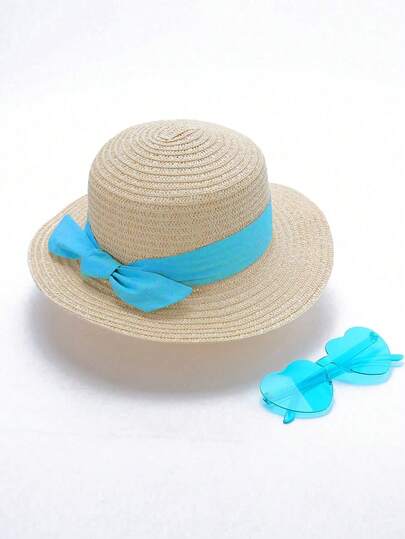 2pcs/Set Kids' New Large Brim Sun Hat & Cute Heart Sunglasses, Sweet & Adorable, Essential For Outdoor Play, Suitable For Spring/Summer Daily Wear