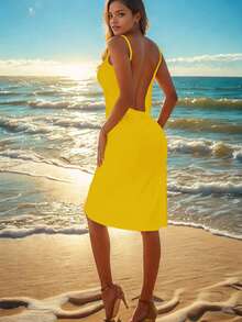 Women's Summer Beach Vacation Casual Sarong Spaghetti Strap Dress, Sexy Wrap Dress - Yellow - View 3