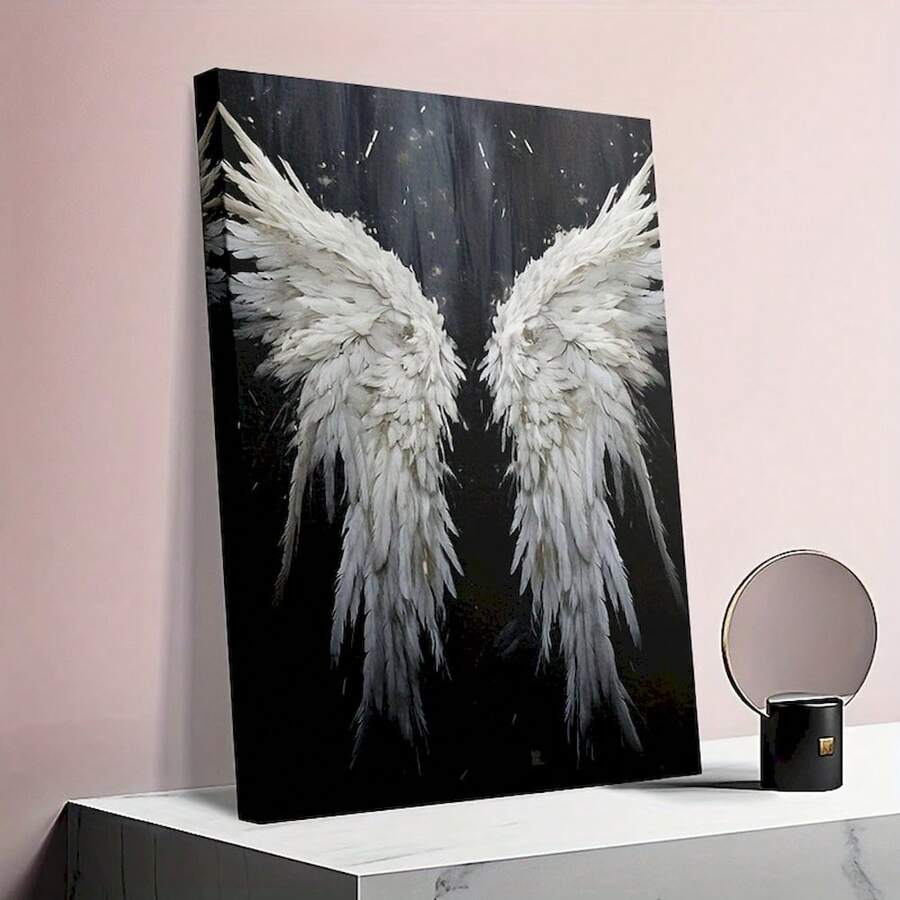 2D Flat, 1pc 12x18in(30x45cm) Four Sizes Available Canvas Wall Art Posters White Angel Wings Framed Canvas Painting - Modern Gothic Vertical With Wooden Frame, New Year's Eve/New Year Celebrations Christian Gifts Valentine's Day Gifts Christmas Gifts Suitable For Bedroom, Living Room, Office  Bedroom, Kitchen, Perfect Gift Idea Home Decor Interior Design - Elegant Christmas & Year-Round Decor, Wrap-Around Canvas Frame - 黑與白 - 查看 1