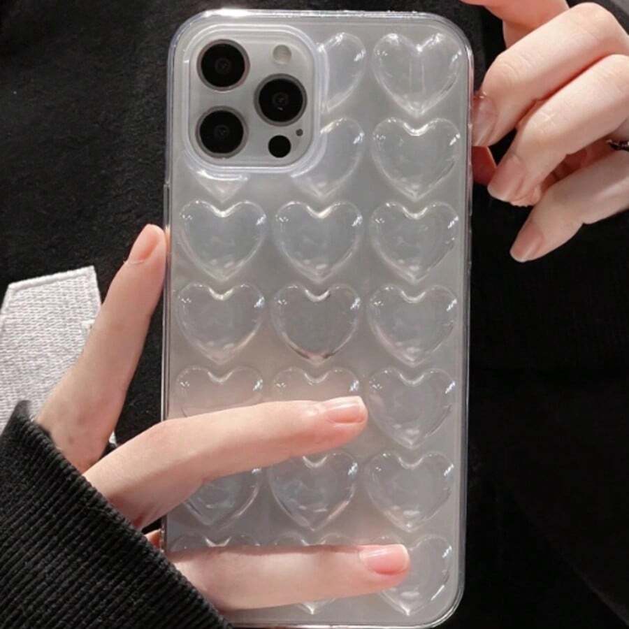 1pc New Fashionable High-End Niche Transparent 3D Heart Phone Case Suitable For IPhone 17 Pro Max/16/Pro Max/15/14/13/12/11 - Clear - View 1