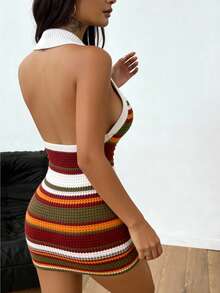 Elegant Women Cable Knit Sweater Dress, Long Sleeve Short Knit Top Set, High Elasticity, Suitable For Winter Party Wear - MultiWarna - View 8