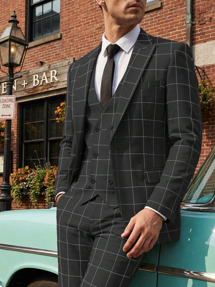 Mens 3 Pieces Suit Set Plaid Slim Fit Checked Casual Tuxedo Formal Suits For Men Wedding Business Party Blazer Vest Pant - 黑色 - 查看 1