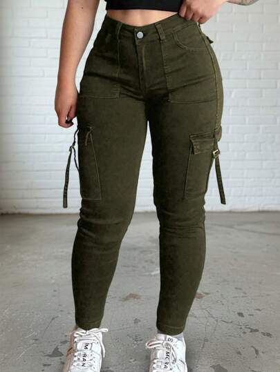 Women Front Button Pocket Simplistic Casual Y2K Style Skinny Denim Cargo Pants