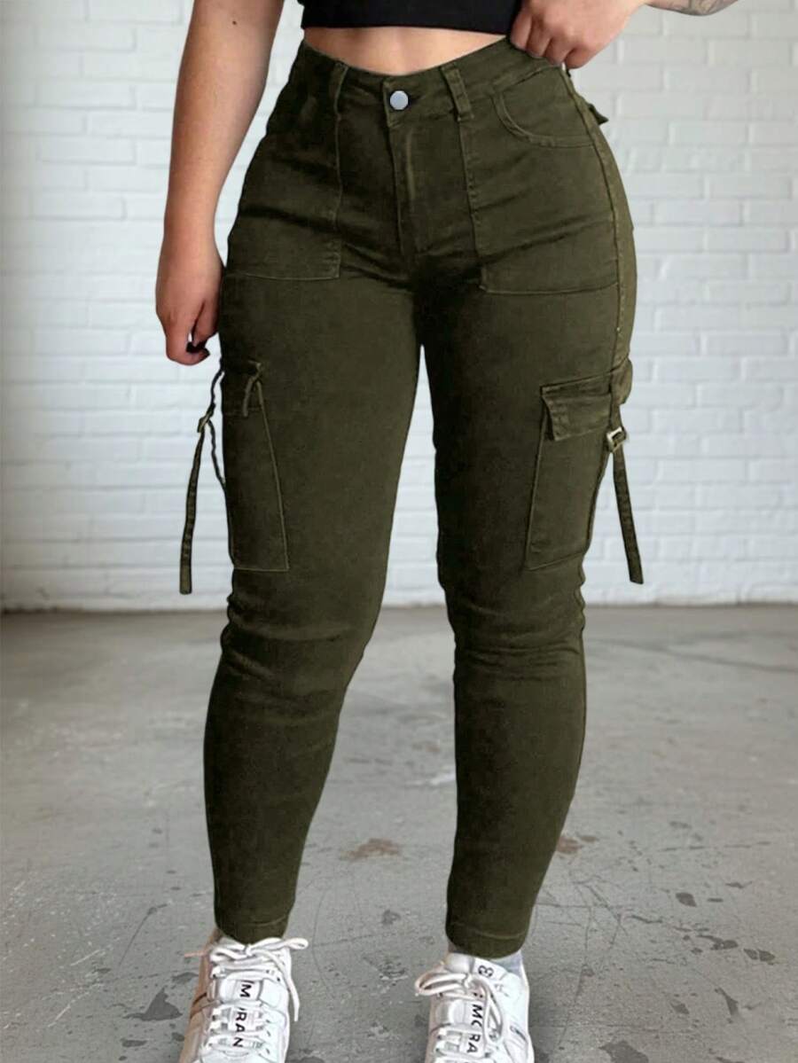 Women Front Button Pocket Simplistic Casual Y2K Style Skinny Denim Cargo Pants - Olive Green - View 1