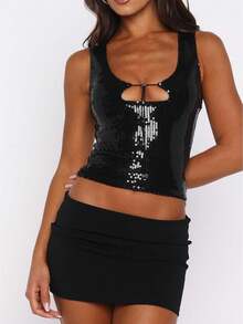 Womens Leopard Print Tank Top Sleeveless Sequin Crop Tops Party Club Sexy Y2K V Neck Halter Top - màu đen - Xem 2