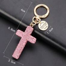 1pc Minimalist Rhinestone Cross Keychain – Sparkling Cross-Shaped Pendant With Creative Design, Phone & Earphone Charm, Bag Accessory, Halloween Car Accessories, School Cute Goth Y2K Style Key Ring Gift For Women & Men - 粉色 - 查看 3