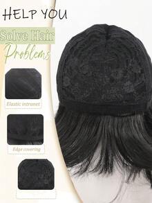 Peluca corta de 10 pulgadas y 2 pinzas para el cabello con moño rosa, peluca sintética resistente al calor, accesorios para el cabello de niñas con pinzas de moño - Negro natural - Ver 8
