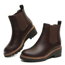 ZIITOP Womens Chelsea Wedge Boots Elastic Platform Slip On Waterproof Ankle Booties - Brown Leather - View 12
