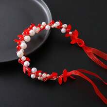 1pc Leaf Pearl Flower Girls Hair Band Sweet Braided Headband With Ribbon For Kids Children Party Performance Birthday Gift For Friends Mom Daughter - màu xanh lá - Xem 6