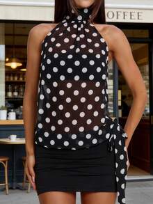 2026 Summer New Arrival Black Base With Large White Polka Dots Spaghetti Strap Halter Neck Slightly Sheer Chiffon Fitted Cropped Top Bow Tie Back Detail Sweet & Spicy Retro Hepburn Style Perfect For Dates, Parties & Vacations - Black - View 1