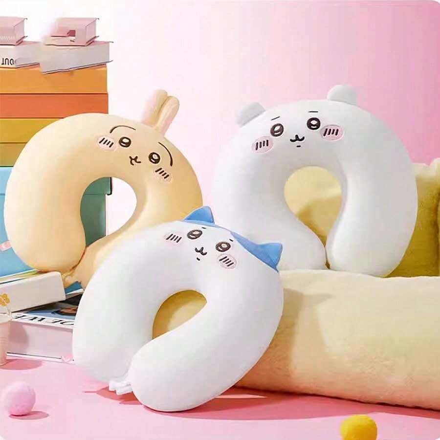 Miniso 1pc Hachiware U-Shaped Pillow, Cute Blue & White Design, Slow Rebound Memory Foam Material, Neck Support Pillow For Business Travel, Tourism And Office Nap - Blue - View 1