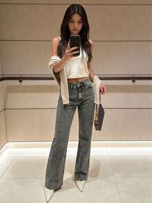 Women's Straight Leg Jeans, Classic Button Fly, Slant Pockets Design, Casual & Comfortable, Versatile For Daily Wear - Grey - View 3