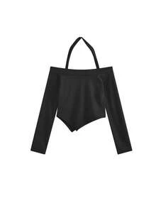 Korean Style One-Shoulder Halter Long Sleeve T-Shirt, New Spring Sexy Cropped Undershirt Top - Black - View 6