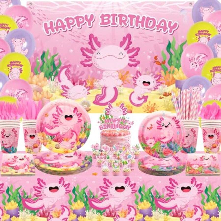 DPink Axolotl Birthday Party Decorations - Axolotl Party Plies Including Backdrop Plate Cake Topper Cup Napkin Balloon Tablecloth - Serves 20 - Hồng - Xem 1
