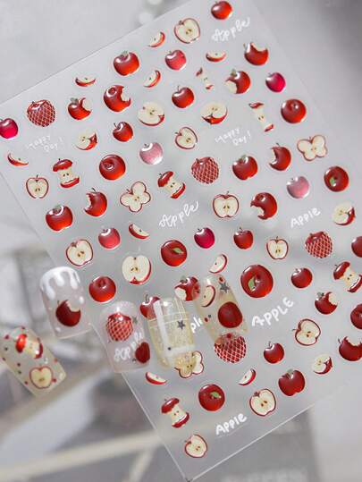 1pc Red Cute Apple Jelly Juicy Fruit Core Slice Net Bag Realistic 5D Nail Art Stickers Self-Adhesive Press On Manicure For Women Fruit Theme Nail Decor For Daily Party Fun