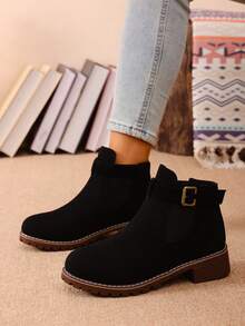 2025 Bestselling Black Boots For Women, European Style Low Heel Strap Buckle Short Boots, Plus Size Chunky Heel Chelsea Boots, Fashion & Comfortable Versatile - Black - View 8