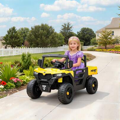  AIYAPLAY Kids Electric Car 12V Kids Ride On Car, UTV With Electric Dump Bed, 4-Wheel Suspension, Remote Control, Music, Horn, For 3-8 Ages, Yellow