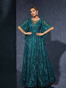 圆领，蕾丝刺绣透视设计，中长袖，高端晚礼服。女士优雅连衣裙 - 軍綠色 - 查看 4