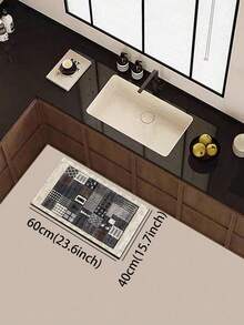 1 Stück Vintage amerikanischer Stil geometrisches Patchwork Muster Silikon Badezimmermatte, bestehend aus Stoffoberfläche, Schaumstoffmittellage und Gummiboden, geeignet für Küche, 3,5 mm dick, Retro Patchwork Design in Grau, Braun und Weiß Tönen