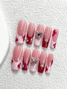 10 piezas de pegatinas de uñas francesas de estilo hecho a mano, en colores rojo y blanco, de estilo romántico, con diseños de pétalos rojos, estrellas, corazones dobles y diamantes, en colores nude, disponibles en 3 tamaños: almendra, pico de pato y forma de ataúd, incluye herramientas para uñas (1 pegatina de gelatina + 1 lima de uñas), adecuado como regalo para niñas/mujeres, también adecuado para reuniones grupales o suministros de uñas para citas - Multicolor - Ver 19