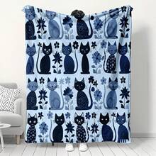 1pc Flannel Soft & Cozy Throw Blanket, Light Blue Base With Handpainted Cartoon Cats & Floral Pattern (Includes Cute Cartoon Cats In Light And Dark Blue, Decorative Floral Patterns, Creating A Fresh And Gentle Atmosphere), Ideal For Bedroom, Sofa Decor, Cartoon Cat Lover Gift - Multicolor - View 1