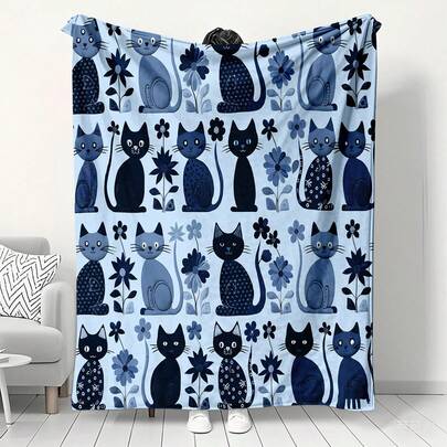 1pc Flannel Soft & Cozy Throw Blanket, Light Blue Base With Handpainted Cartoon Cats & Floral Pattern (Includes Cute Cartoon Cats In Light And Dark Blue, Decorative Floral Patterns, Creating A Fresh And Gentle Atmosphere), Ideal For Bedroom, Sofa Decor, Cartoon Cat Lover Gift