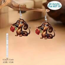 一对2D亚克力可爱卡通玫瑰花和小狗耳环，适合女性日常佩戴，完美的情人节礼物