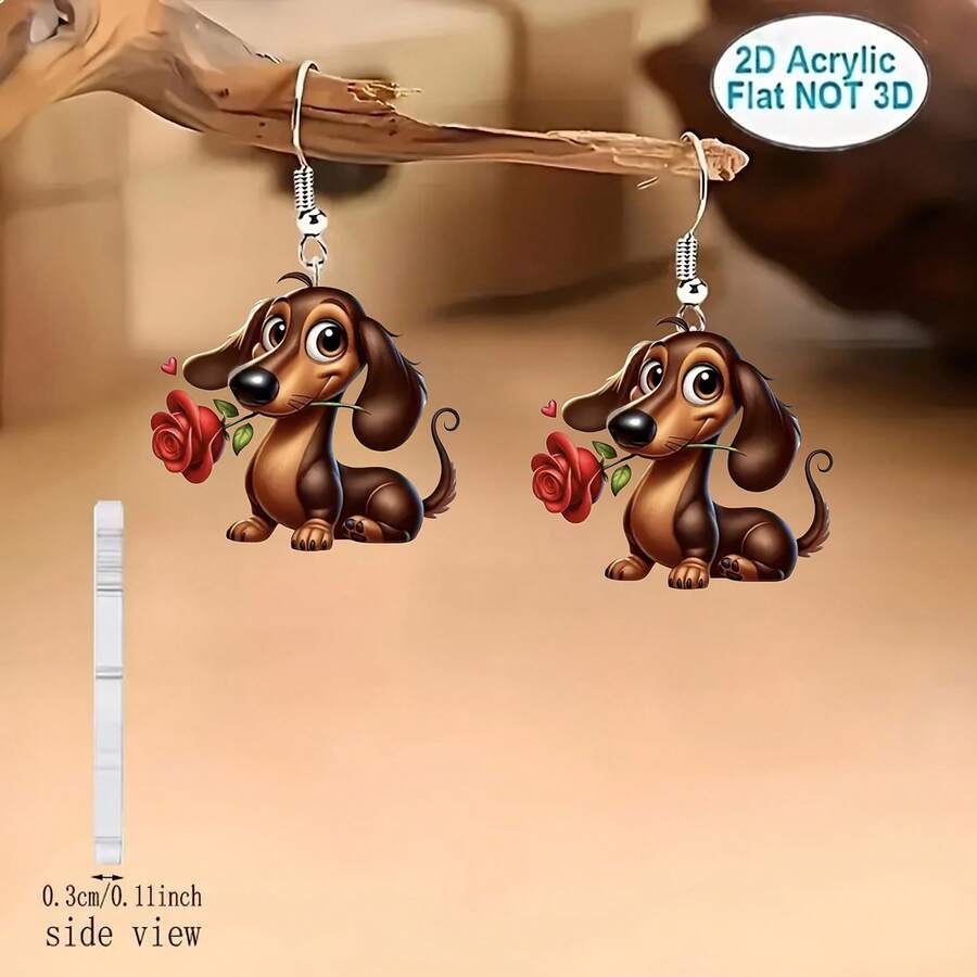 一对2D亚克力可爱卡通玫瑰花和小狗耳环，适合女性日常佩戴，完美的情人节礼物
