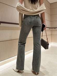 Women's Straight Leg Jeans, Classic Button Fly, Slant Pockets Design, Casual & Comfortable, Versatile For Daily Wear - Grey - View 2