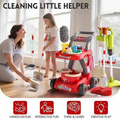 Kids Pretend Play Cleaning Toys - Broom, Dustpan, Vacuum Cleaner, Cleaning Cart Set, Role Play Housekeeping Toys, Christmas & New Year Gift