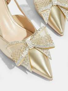 尖头细高跟鞋，镂空蝴蝶结装饰，金属金色漆皮高跟鞋，性感尖头镂空鞋，适合派对、婚礼、约会等场合，镂空凉鞋，舒适柔软的人造革高跟鞋，适合春、夏、秋季穿着。 - 金色 - 查看 3