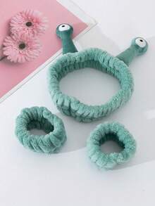 1pc/3pcs Set Cartoon Plush Snail Tentacle Headband & Wristband, Cute Makeup Headband, Washing Headband, 3D Hair Accessory, Soft Plush Headband, Elastic Headband, Skincare Wristband, Women Headband, Wristband, Hair Hoop, Hair Clip, Coral Fleece Wristband, Bathroom Decor, Suitable For Bathroom, Home Goods, Easter, Valentine's Day, Ramadan Clothing Accessories, Women Gift Hair Accessories. - Green - View 2