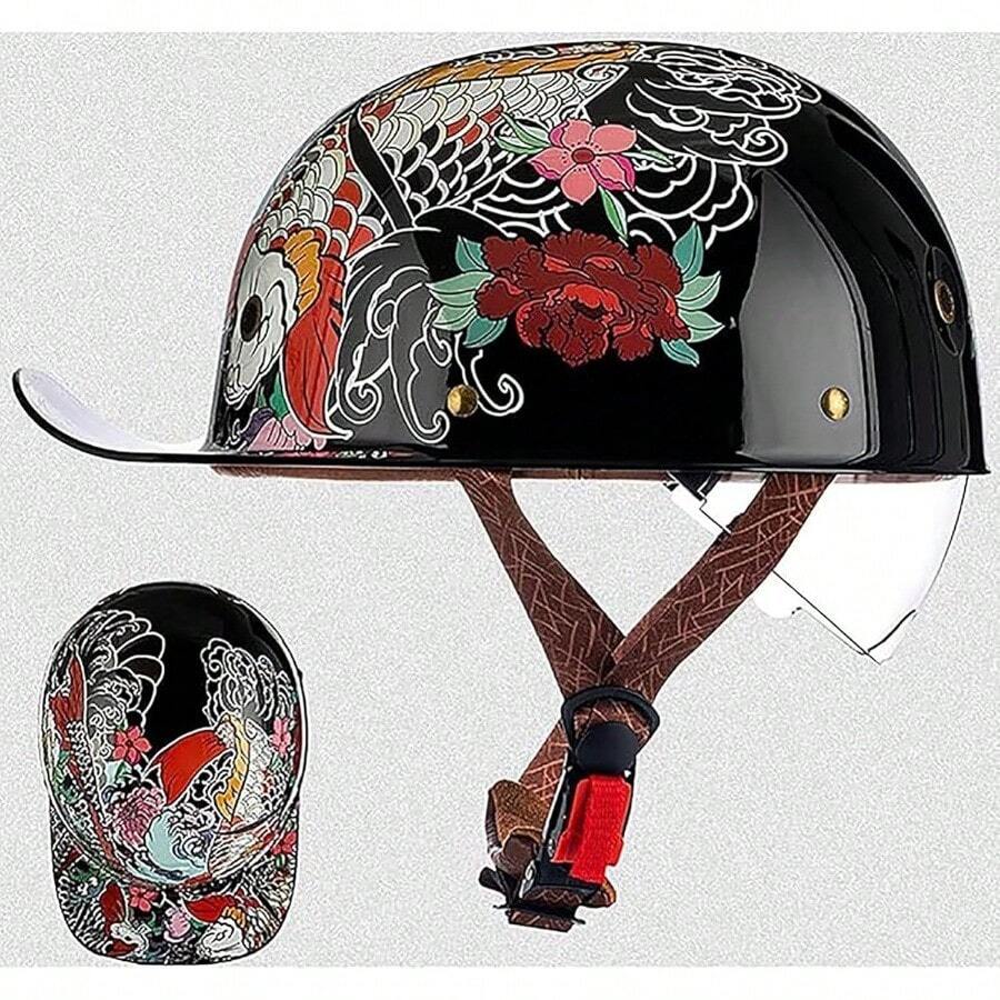 BMX HelmetBaseball Cap Motorcycle Hel-MetDot Approved Vintage Open Face Unisex-Adult Half Hel-Mets for Scooter Moped Cap Street Cruiser - A3 - Ver 1