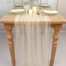 1pc Pearl Tulle Fabric, Suitable For Wedding Tablecloth, Dessert Table Decor, Cake Photography Backdrop, Curtain Prop, Bridal Headpiece, Fairy Style, White Hollow Mesh - Beige - View 2