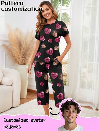 Conjunto de pijama personalizado para mujer, se puede imprimir cualquier patrón, pijamas personalizados con fotos, ropa de dormir cómoda con imágenes divertidas personalizadas. Adecuado para el Día de San Valentín, cumpleaños, regalos, personalizado, colorido, lindo, ingenioso, único, regalo ideal para la novia, adecuado para la novia, familia, amigos, mayores, de moda para otoño, ocasiones de fiesta