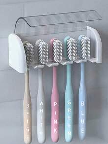 1pc All-In-One Toothbrush Holder With Cover, Wall-Mounted Toothbrush & Toothpaste Organizer, 2/5/6 Slots Self-Adhesive Bathroom Storage Rack, Suitable For Home Bathroom And Dorm - Multicolor - View 3