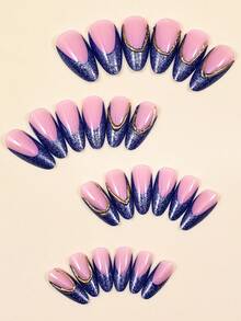 24 buc unghii French Tips cu sclipici roz și albastru, migdale, aplicate cu linie aurie - Albastru regal - Vizualizare 2