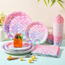 Pink Mermaid Scale Pattern Disposable Tableware Set, Including 7/9 Inch Paper Plates, Paper Cups, Paper Napkins, Suitable For Birthday Party, Holiday Party, Gathering, Celebration, Wedding Tea Party, Graduation Ceremony Disposable Party Supplies - Multicolor - View 1