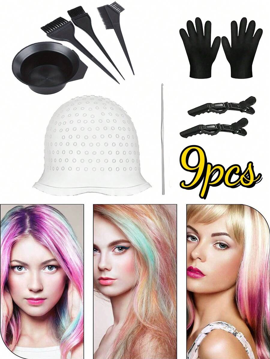 9pcs Reusable Metal Hook Dye Cap & Glove Set - Professional Hair Coloring Tools & Accessories, Suitable For Regular Hair - Lightweight Under 300g Dyeing Kit, Back To School - Multicolor - View 1