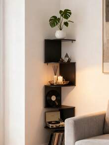 Bộ 1 kệ góc treo tường 2/5 tầng màu đen, thiết kế hiện đại với các lớp xếp so le, phù hợp với không gian góc tường, dùng để trưng bày đồ trang trí và cây cảnh, thích hợp cho góc tường phòng khách/phòng ngủ, trang trí nhà cửa và phòng tắm. - Đen và trắng - Xem 6