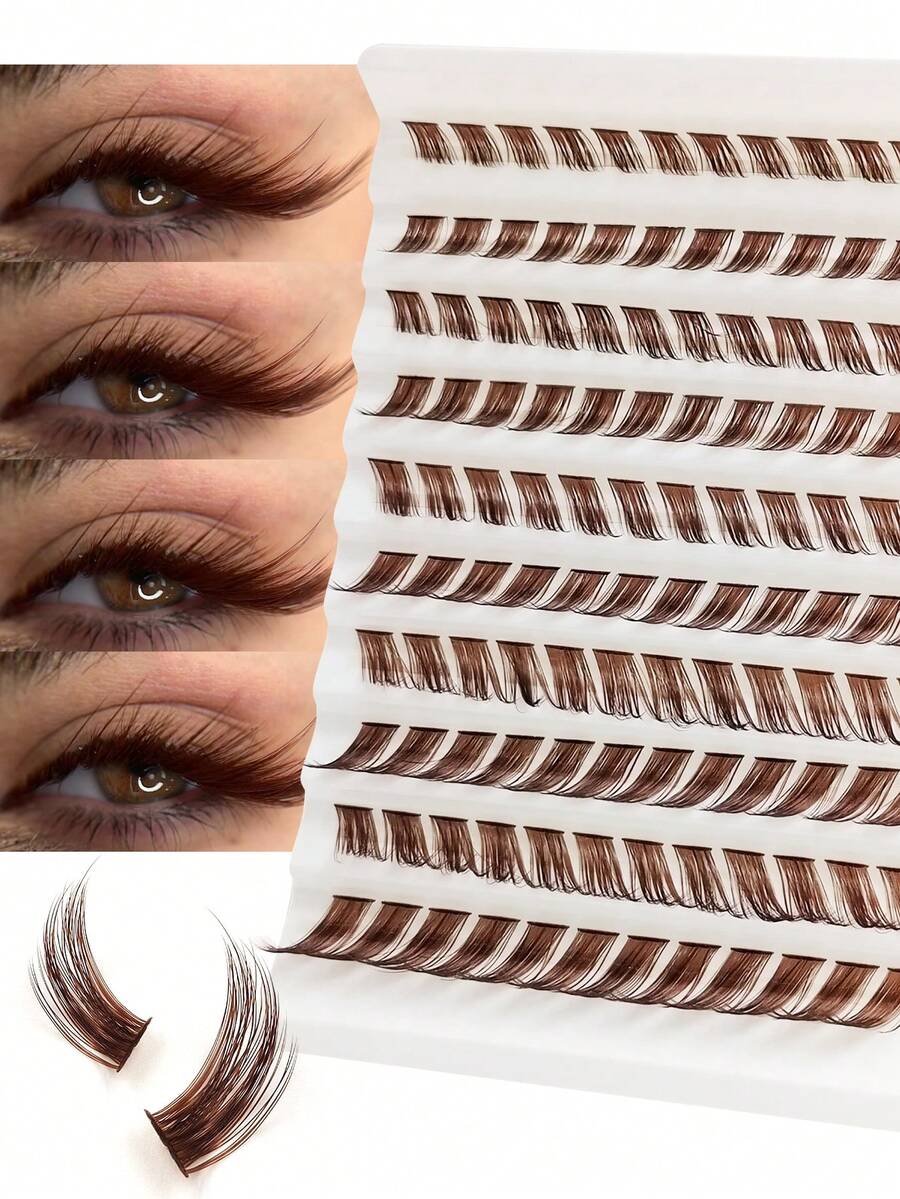 Rikuaild 100/110/120片装 D型卷翘棕色猫眼/狐狸眼单根假睫毛，DIY簇状假睫毛，3D浓密蓬松假睫毛，可重复使用 - D - 查看 1