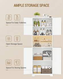 HEXCELEN Bathroom Cabinet, Tall Cabinet With Color-Changing LED Lights And 4 Doors, Adjustable Shelves, Living Room, Bathroom, 30 X 60 X 170 Cm, White Wood Grain - 查看 3