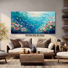 [2D Flat]1 Piece Large Frame Canvas Painting Art Print, Underwater Scene With Colorful Fish And Vibrant Water Flowers, Abstract Brushstrokes, Blue Ocean Background, High Quality Wall Art Printed Poster Can Be Hung Directly For Living Room - 多色 - 查看 3