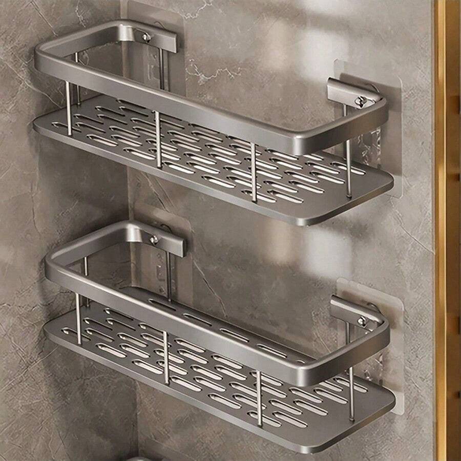 XFH 2-Piece Non Perforated Wall Mounted Storage Rack Bathroom Rack, Shower Storage Rack Set, Space Saving Hanging Sorting Rack, Suitable For Shampoo, Conditioner, Etc, Stainless Stee L Bathroom Storage Shelf | Modern Bathroom Shelves, Bathroom Organizer Rack - 銀色 2pcs - 查看 1