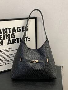 Women's Black Woven Texture Hobo Bag - Stylish Gold-Tone Buckle Detail, Single Shoulder Strap, Spacious Capacity, Elegant Minimalist Design For Daily & Office Use.
