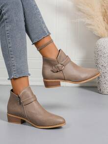 女士休闲搭扣侧拉链厚底踝靴 - 卡其色 - 查看 4