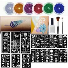 Temporary Glitter Tattoos Set With Hollow Stencil Sheets For Sparkling Body Art, Brushes, Body Glue, Metallic Glitter, Perfect For , Face & Body Makeup Kit For Music Festival, Valentine's Day, Carnival/Masquerade - 彩色 - 查看 2